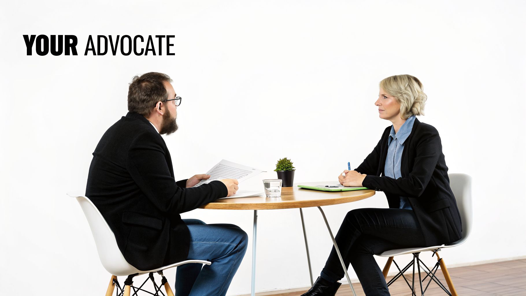 Two professionals, a man and a woman, meet at a table, reviewing documents and taking notes.