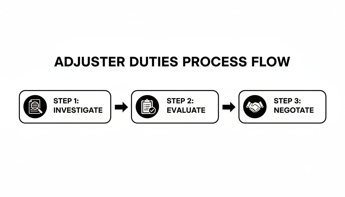 A claims adjuster duties process flow showing three steps: investigate, evaluate, and negotiate.