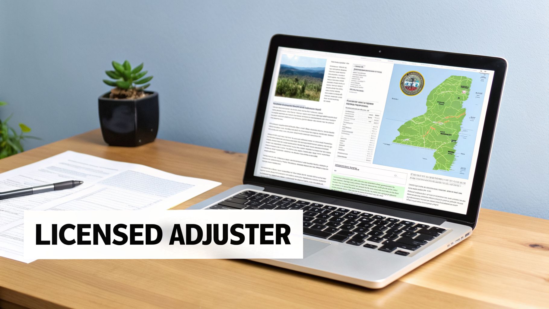 A desk setup with a laptop showing a New York map, documents, pen, and a plant. A 'LICENSED ADJUSTER' banner overlays the foreground.