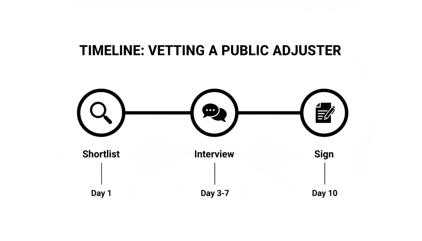 Timeline showing three steps to vet a public adjuster: Shortlist, Interview, and Sign.