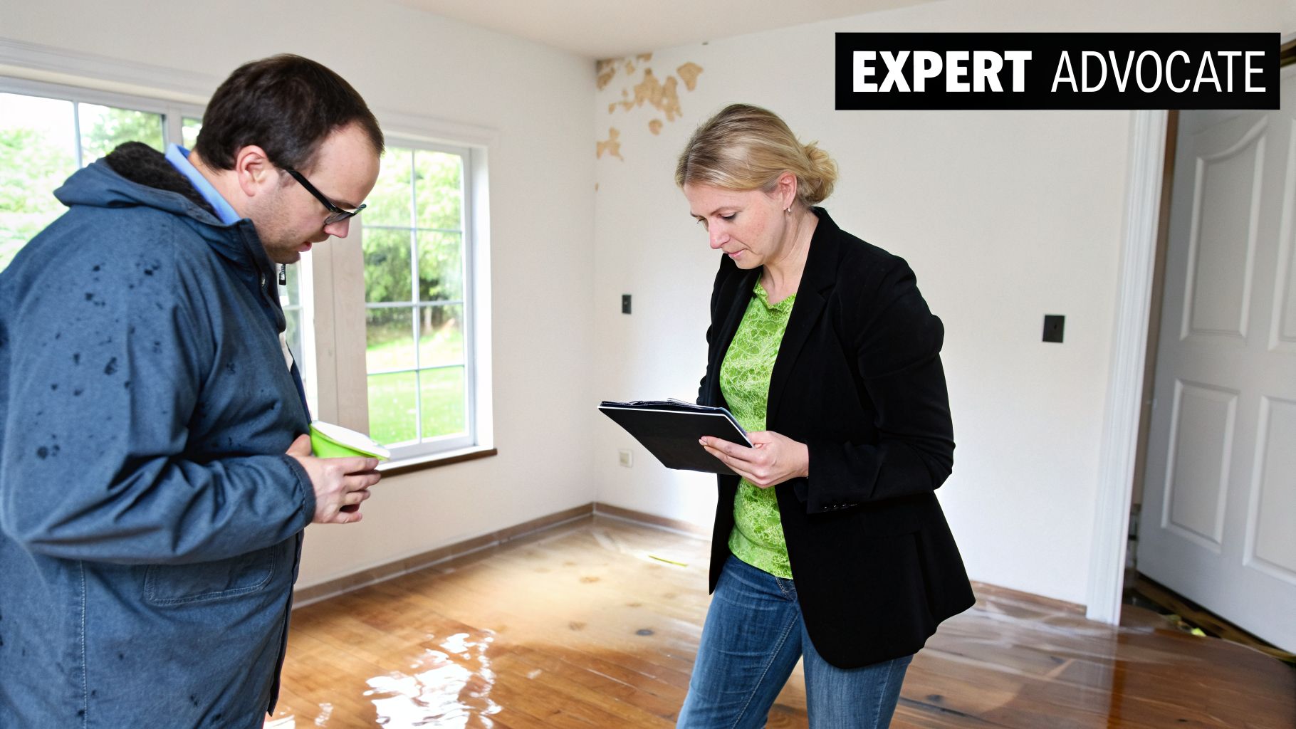 Two claims adjusters inspecting a room with water damage on the wooden floor and peeling walls.