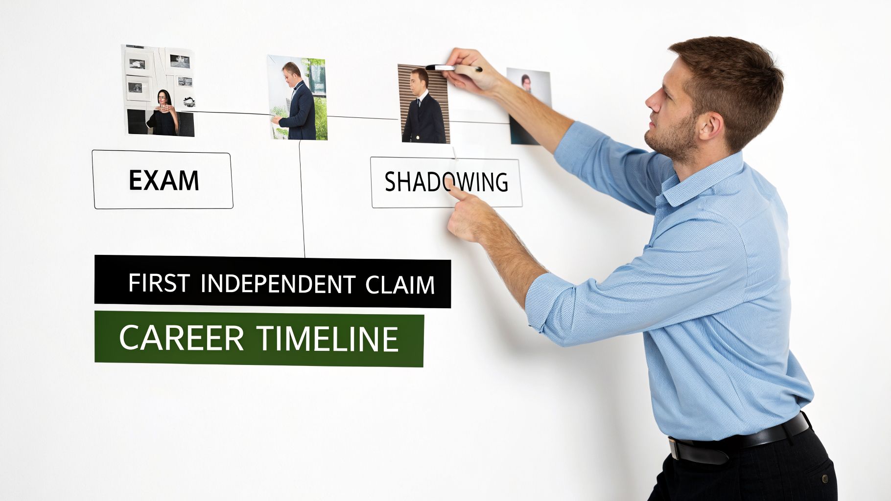 Man arranging a career timeline with photos and text boxes like 'Exam' and 'Shadowing'.