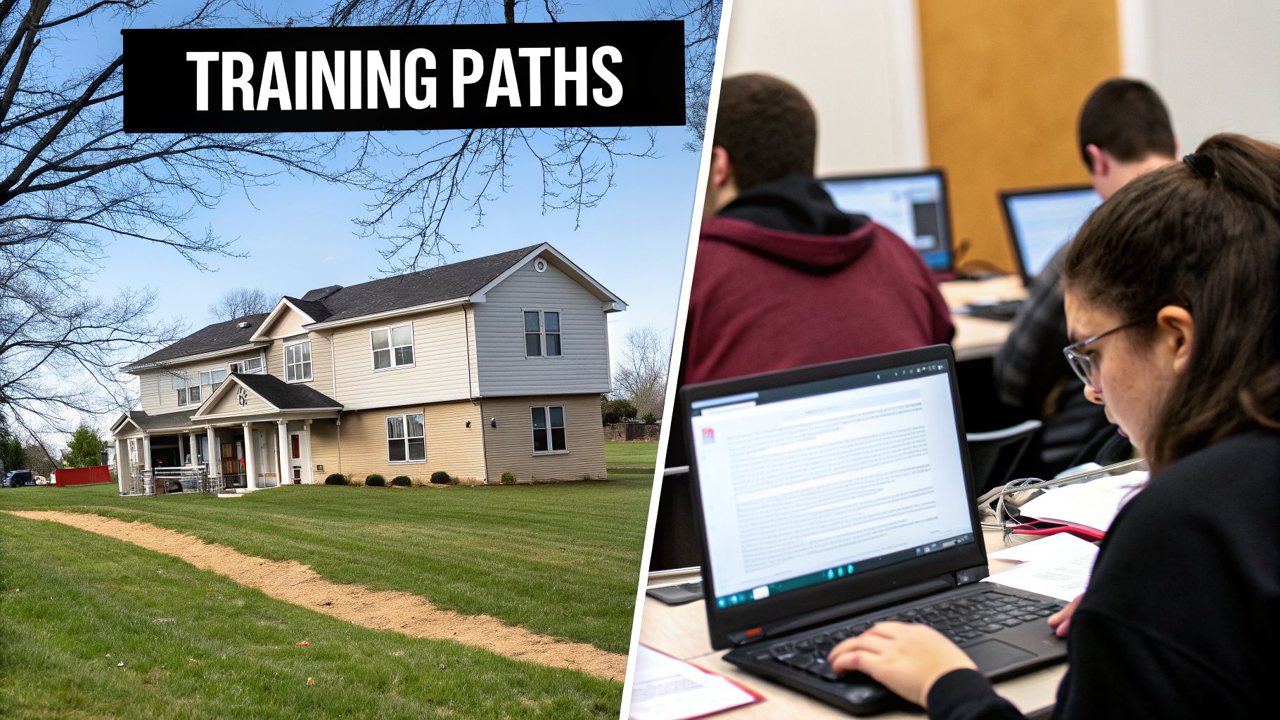 Image showing 'TRAINING PATHS' text, a building with a path, and students working on laptops.