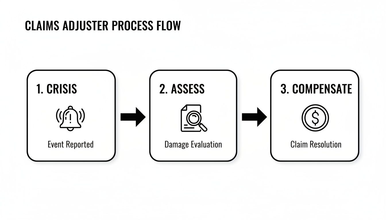 A clear process flow diagram showing the three steps of a claims adjuster: crisis, assess, and compensate.