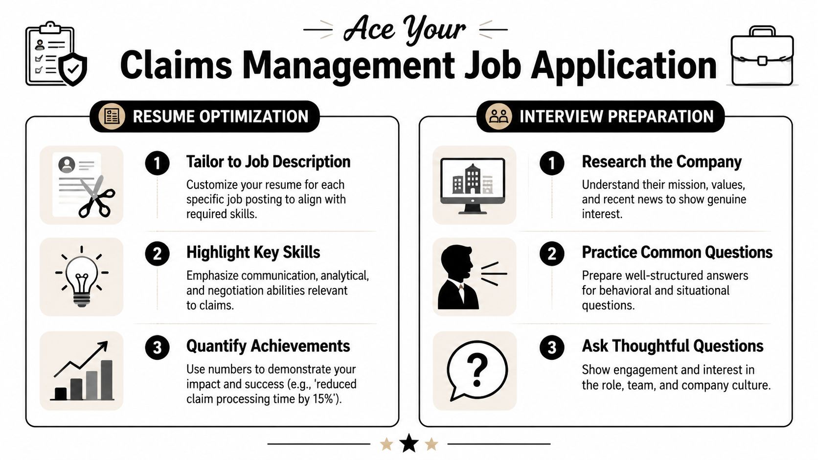 A professional infographic outlining three tips for resume optimization and three tips for interview preparation in claims management.