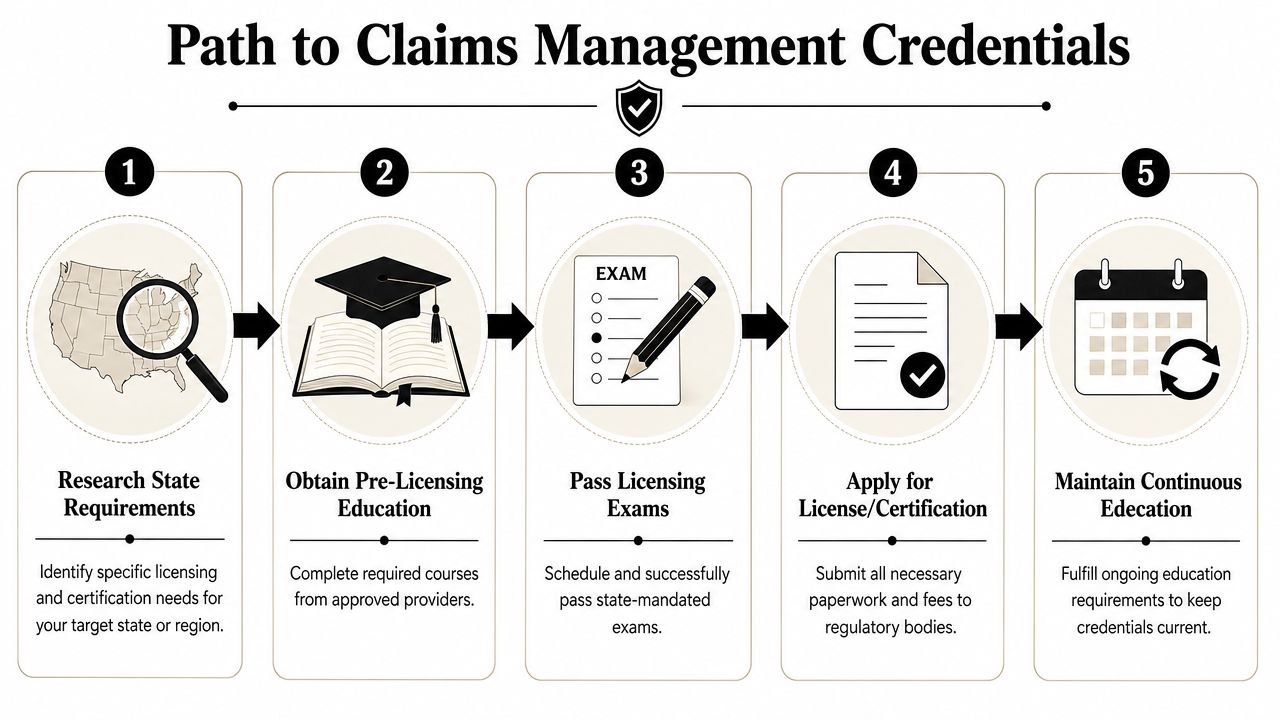 A five-step flowchart illustrating the process to obtain professional credentials for claims management careers.