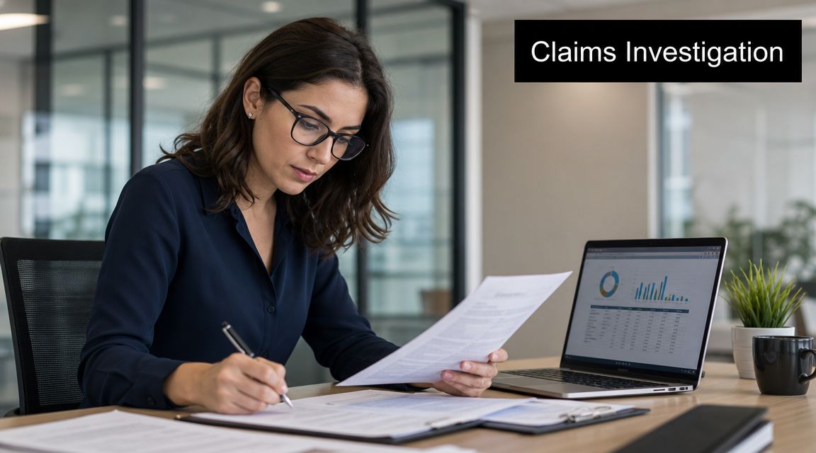 A professional woman in an office setting reviewing and writing on documents for claims investigation purposes.