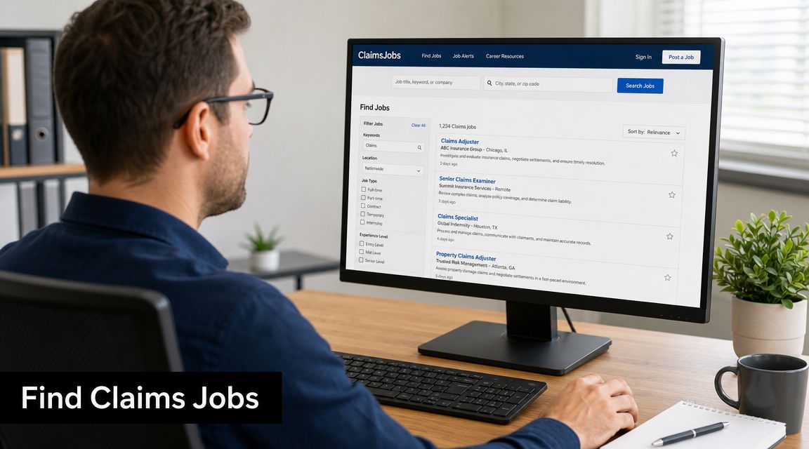 A man searching for careers on the ClaimsJobs website on a computer screen in his office.