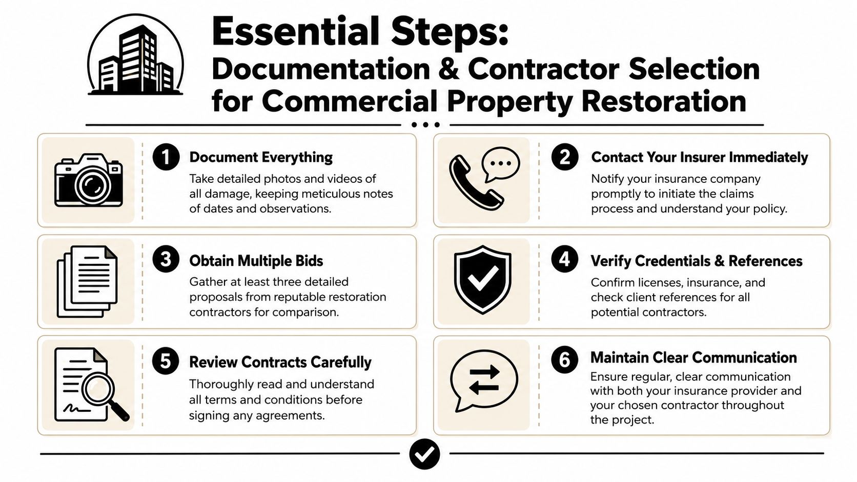 An infographic showing six essential steps for commercial property restoration, starting with documentation and contractor selection.