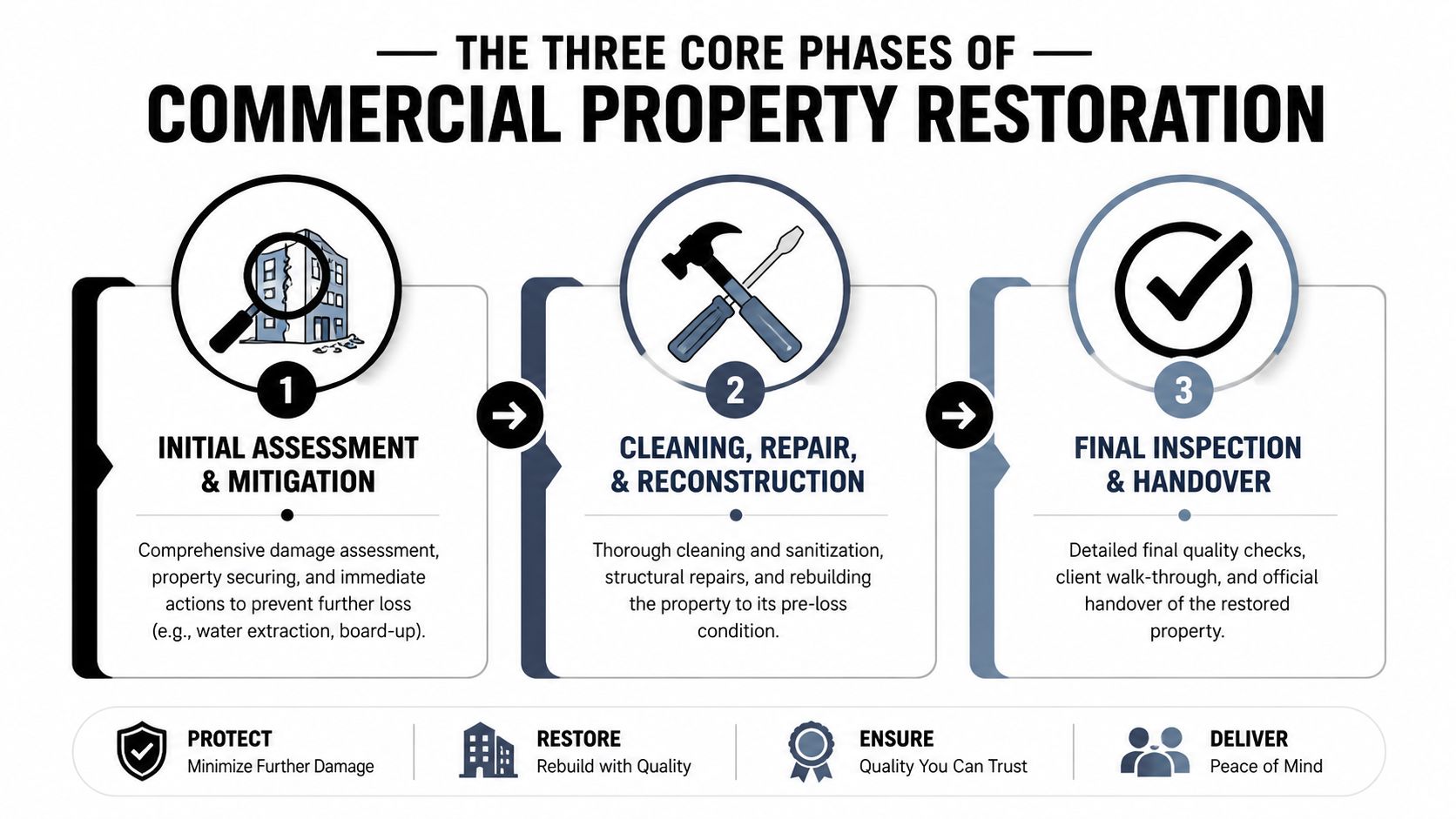 An infographic detailing the three core phases of commercial property restoration from initial assessment to final handover.