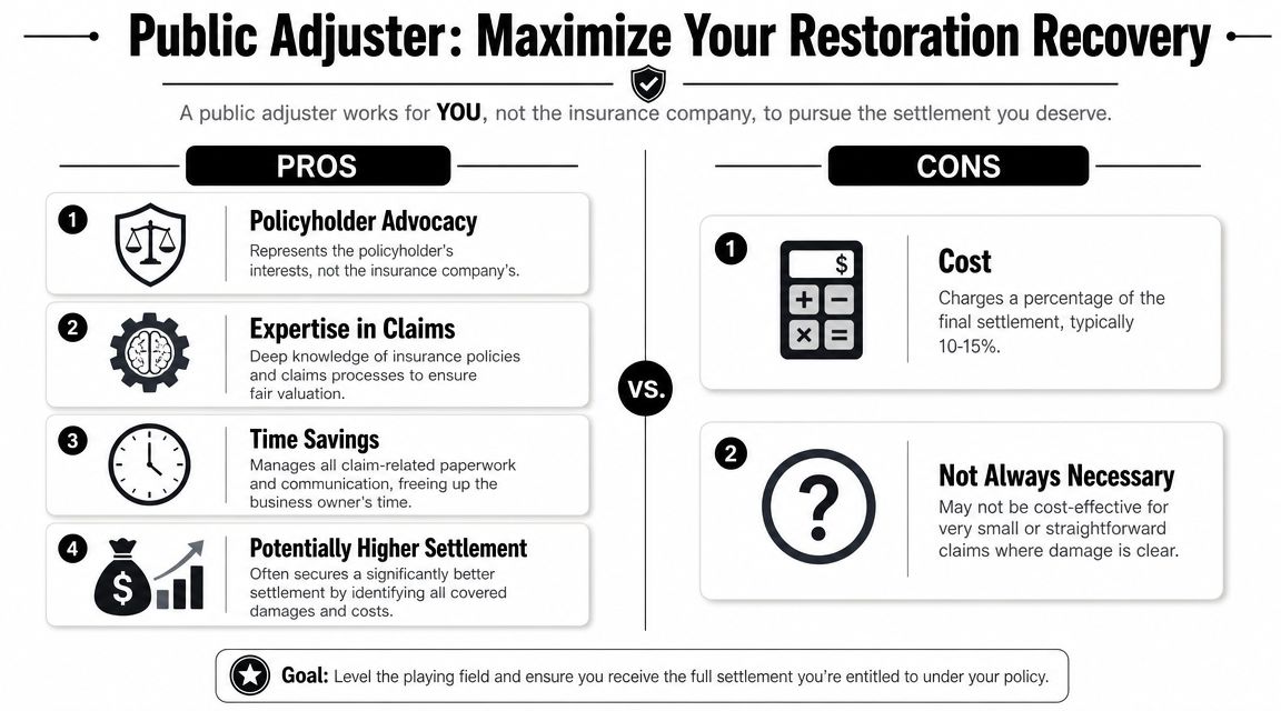 An infographic comparing the pros and cons of hiring a public adjuster for insurance restoration claims.