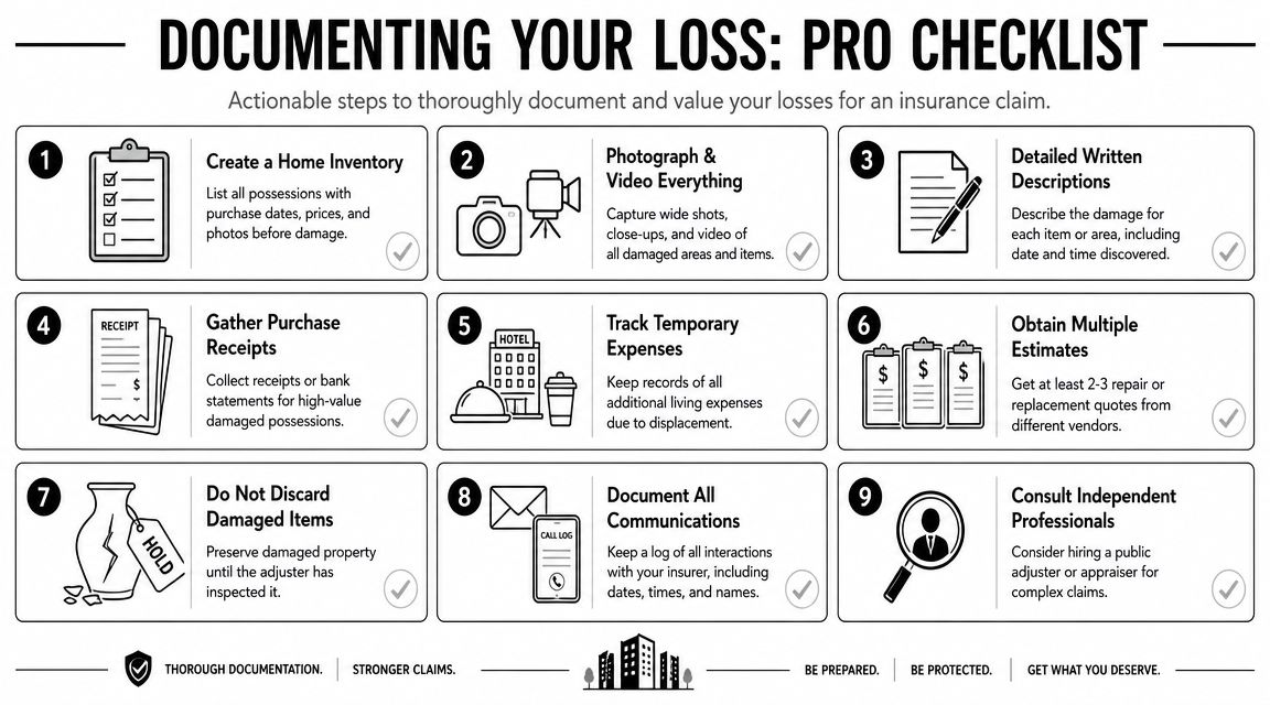 A professional nine-step checklist for documenting property loss and damages for an insurance claim.