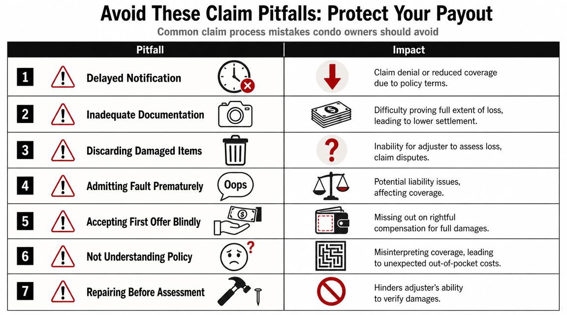 A table outlining seven common condo insurance claim mistakes that can negatively affect your financial settlement payout.