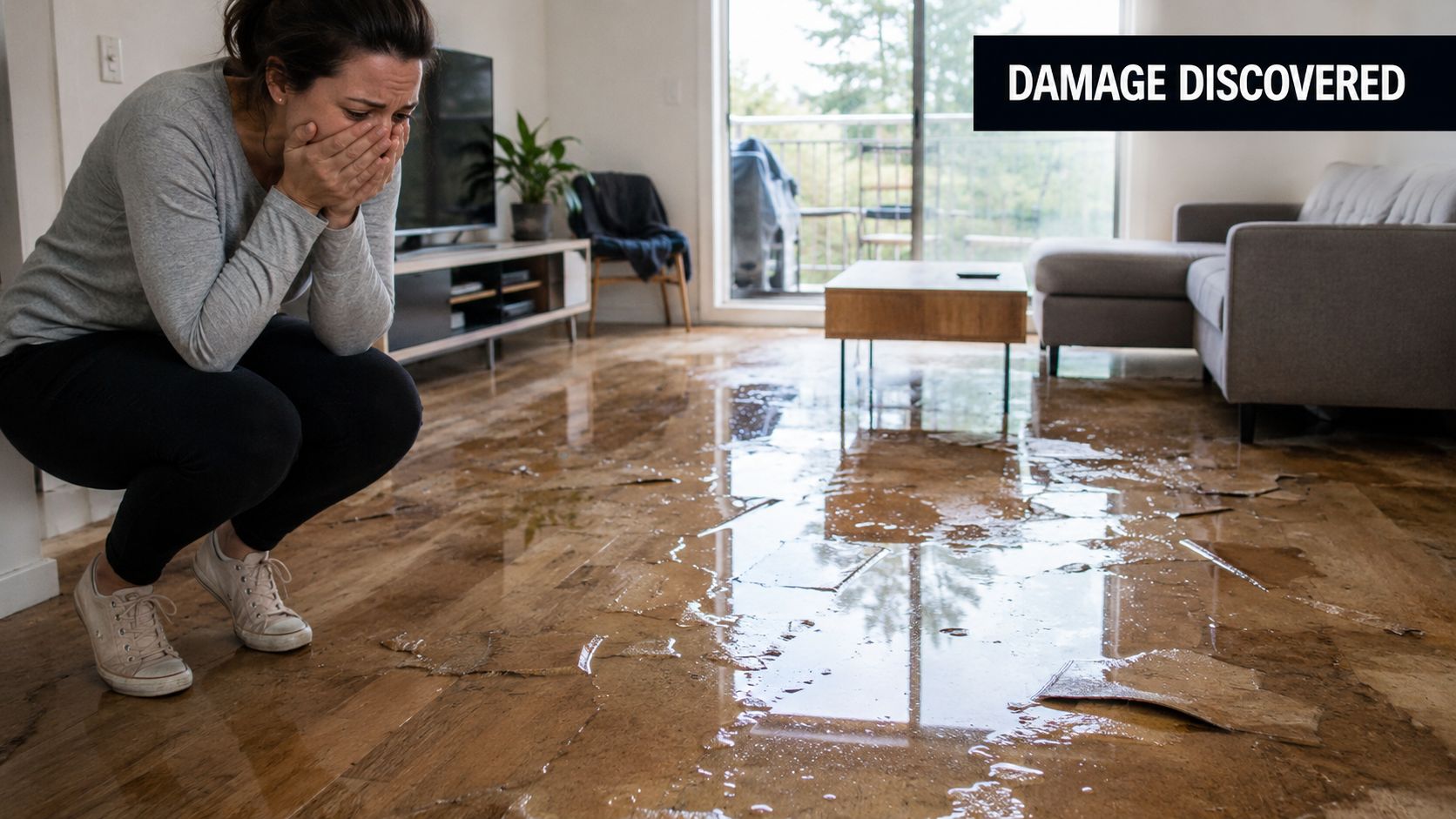 A distraught woman crouching on her living room floor experiencing water damage from a flooding incident.