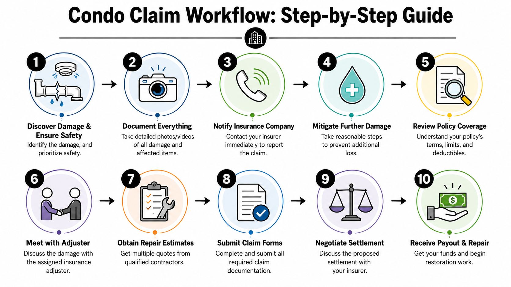 A ten-step illustrated guide showing the process for filing a condo insurance claim from discovery to repair.