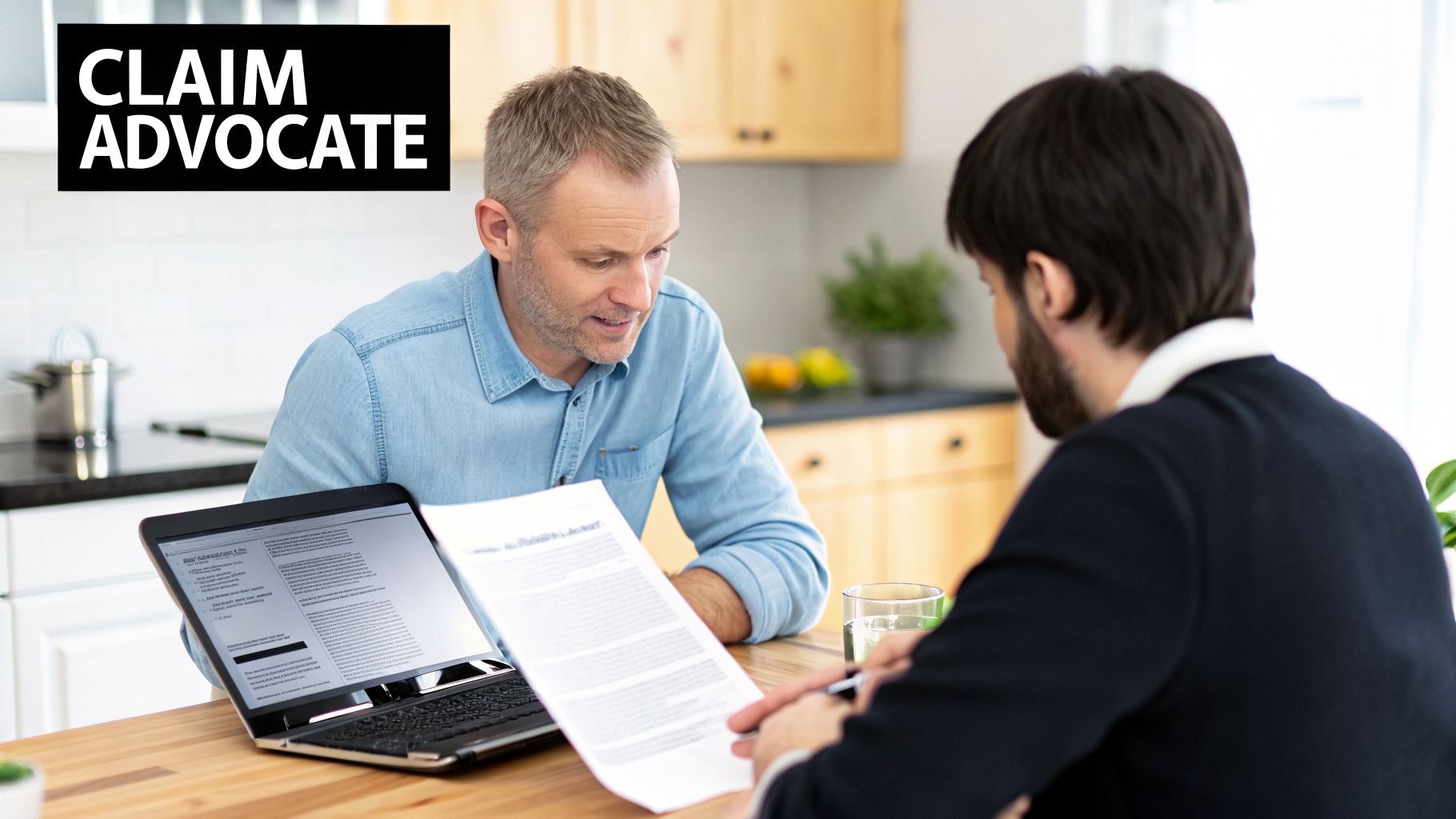 A claim advocate assisting a client with legal paperwork and a laptop in a modern kitchen.