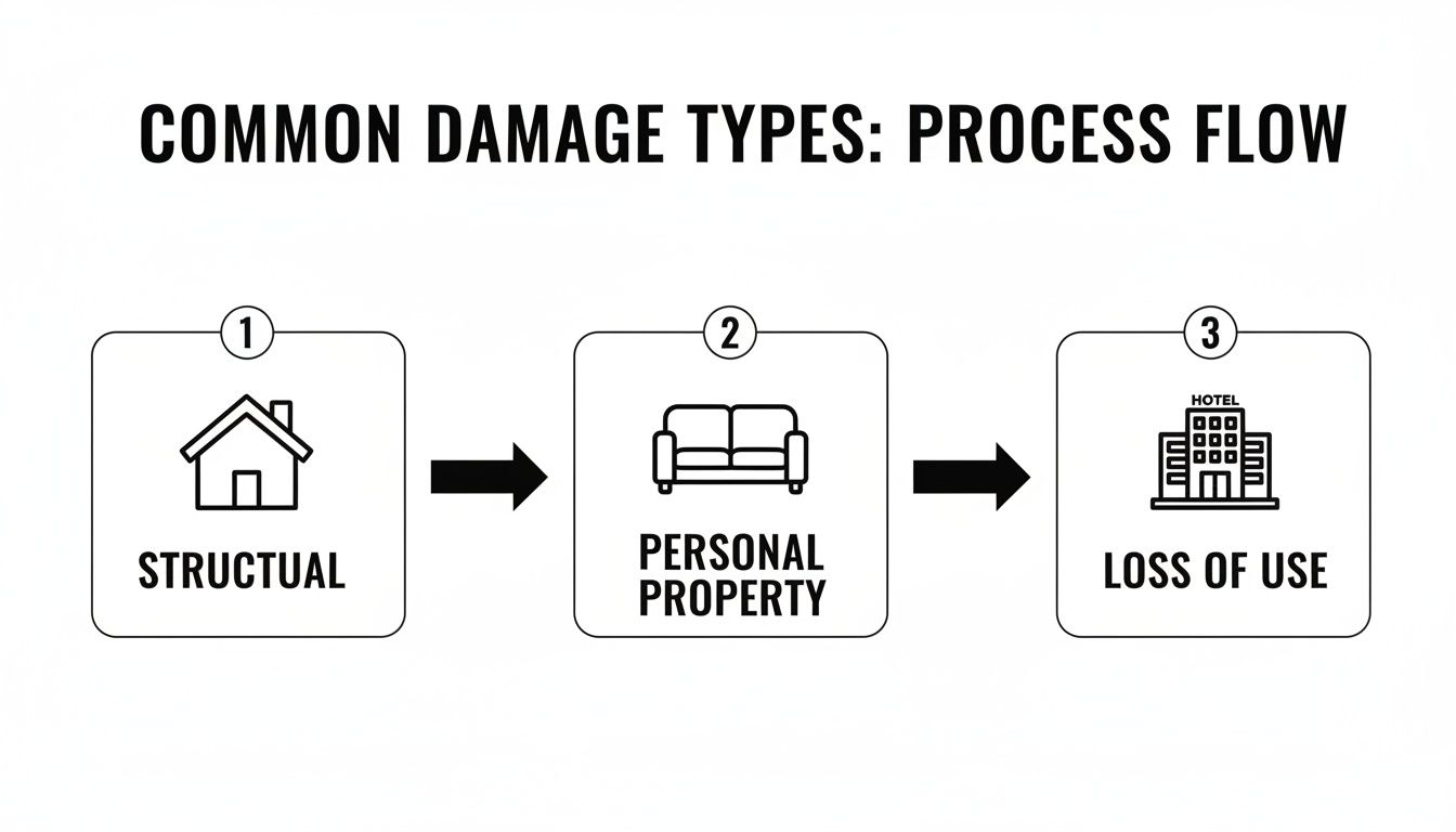 Flowchart showing common damage types: structural, personal property, and loss of use, with icons.