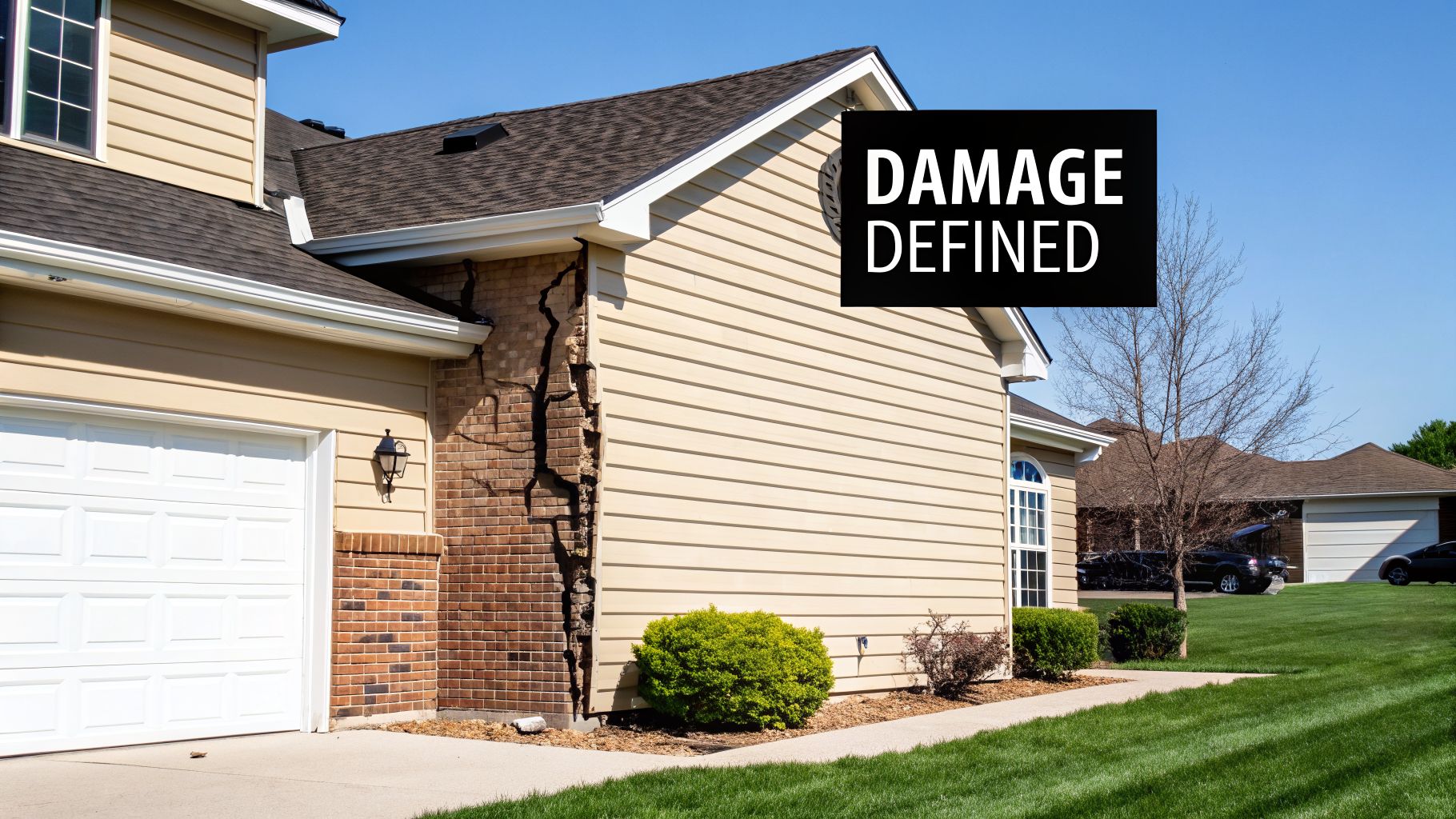 A house with severe foundation cracks in the brick wall next to the garage, illustrating structural damage.