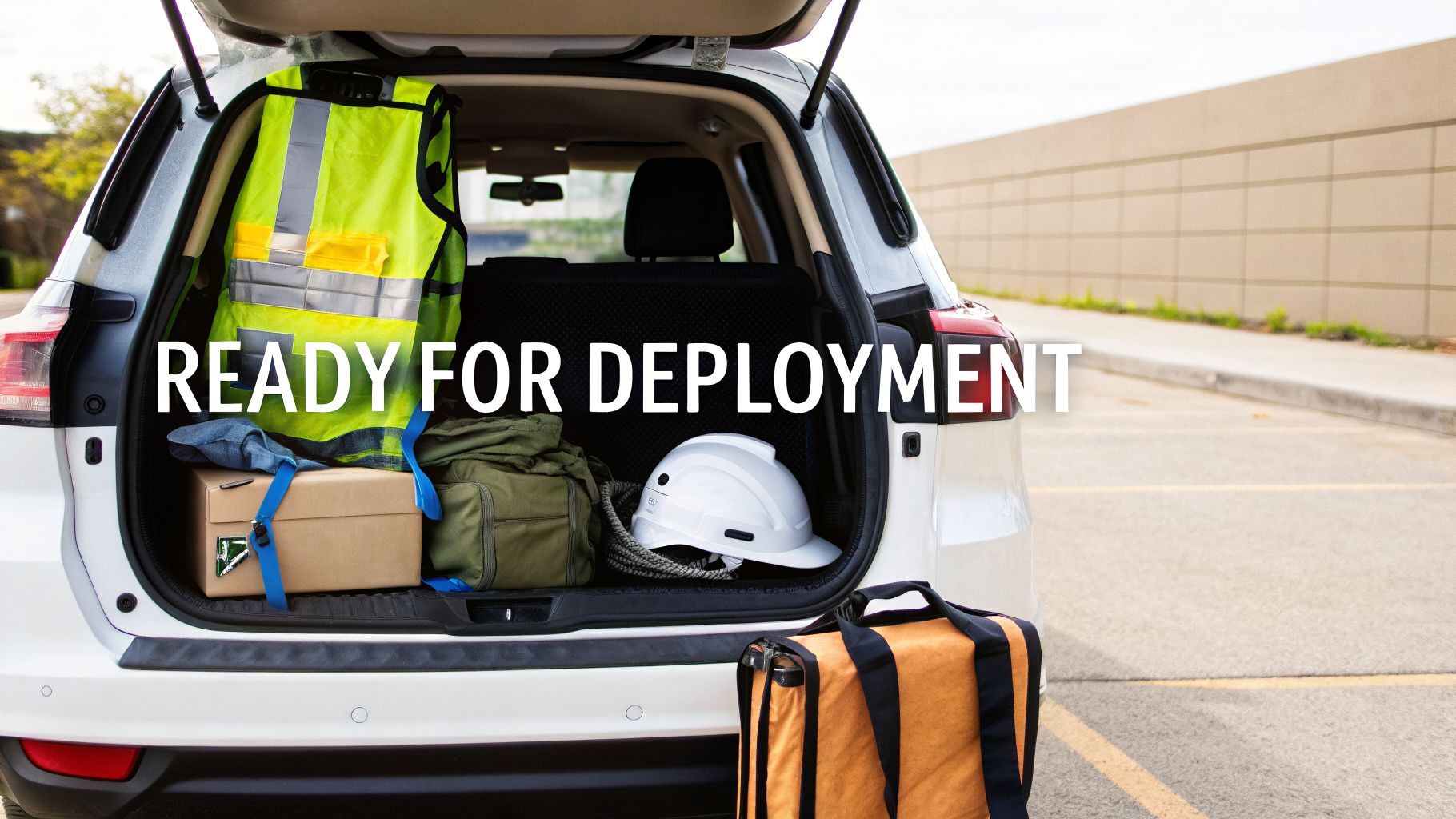 An open white SUV trunk filled with a safety vest, boxes, a hard hat, and bags, ready for deployment.