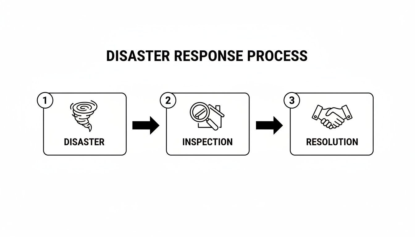 Flowchart showing the disaster response process in three steps: Disaster, Inspection, and Resolution.