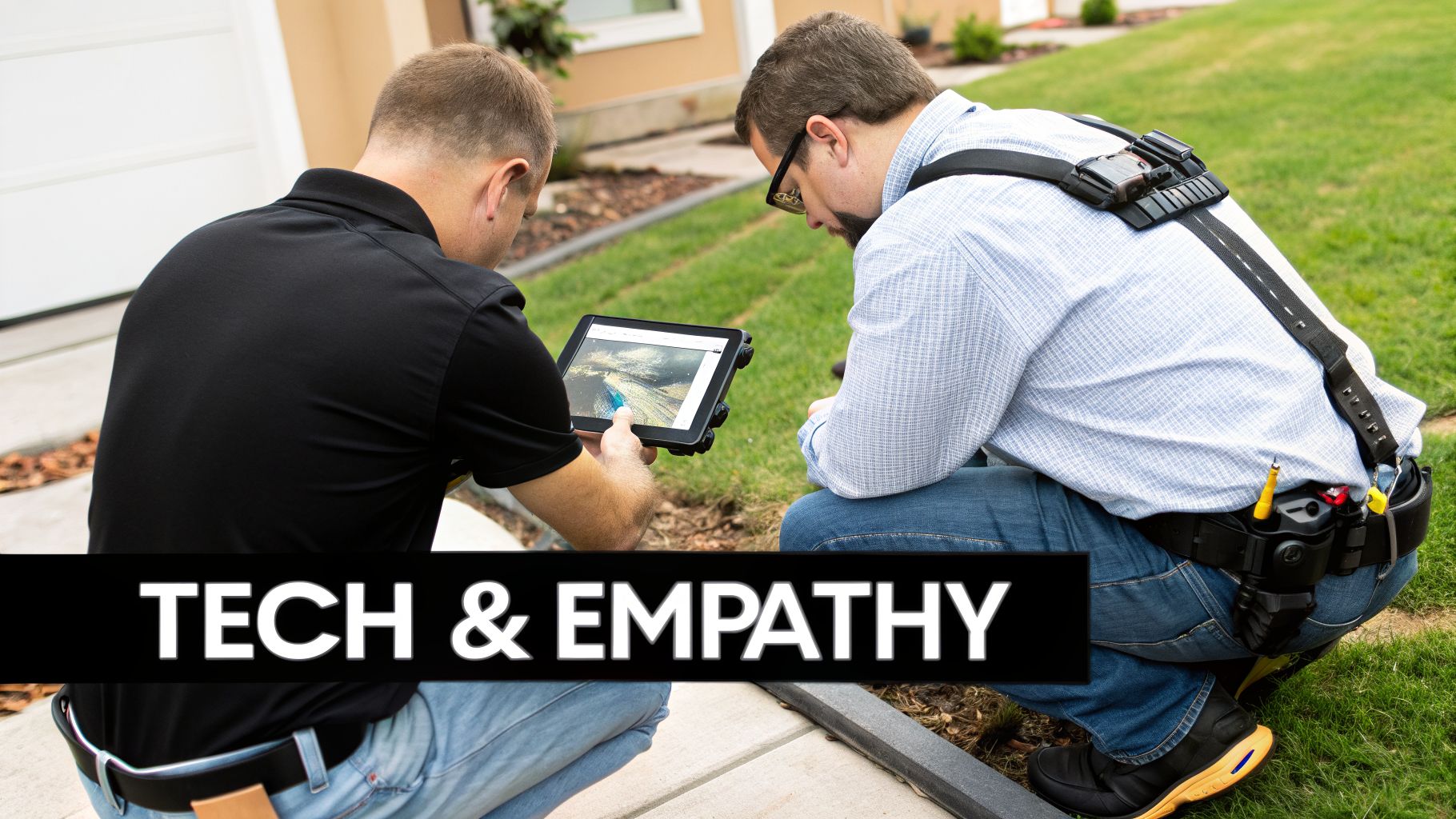 Two men using a tablet with digital tools to inspect an outdoor property, demonstrating tech and empathy.