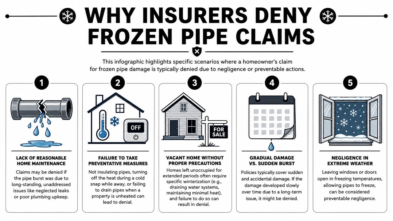 An infographic showing five reasons why insurance companies might deny home insurance claims for frozen pipes.