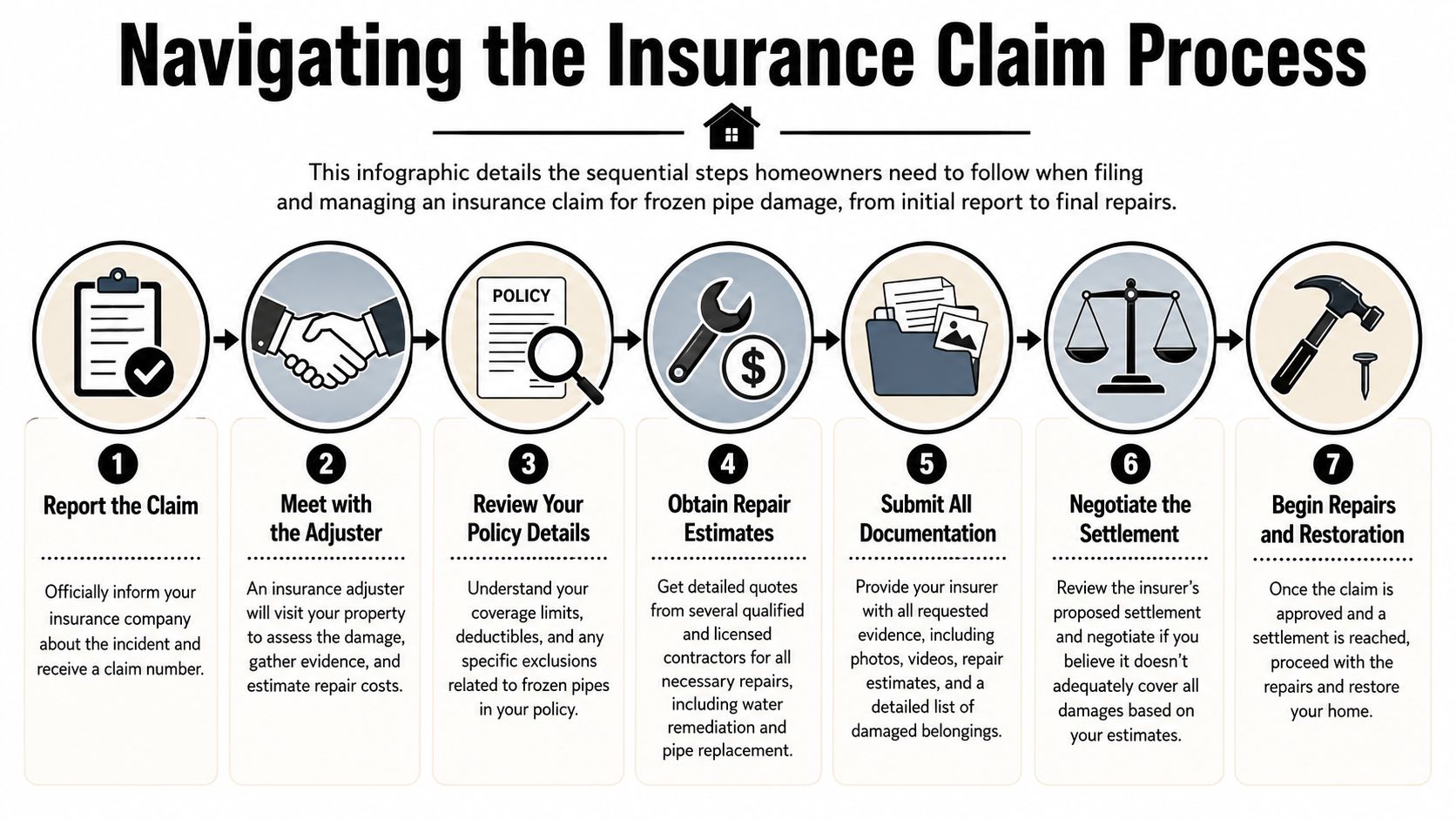An infographic showing seven sequential steps for navigating the insurance claim process for frozen pipe damage.