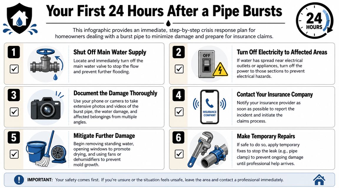 An infographic titled Your First 24 Hours After a Pipe Bursts, outlining six essential steps for homeowners.