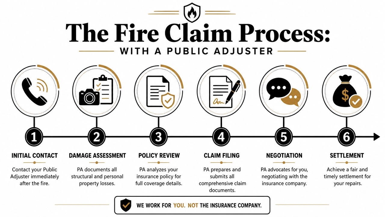 A six-step infographic detailing the fire claim process when working with a professional public adjuster.