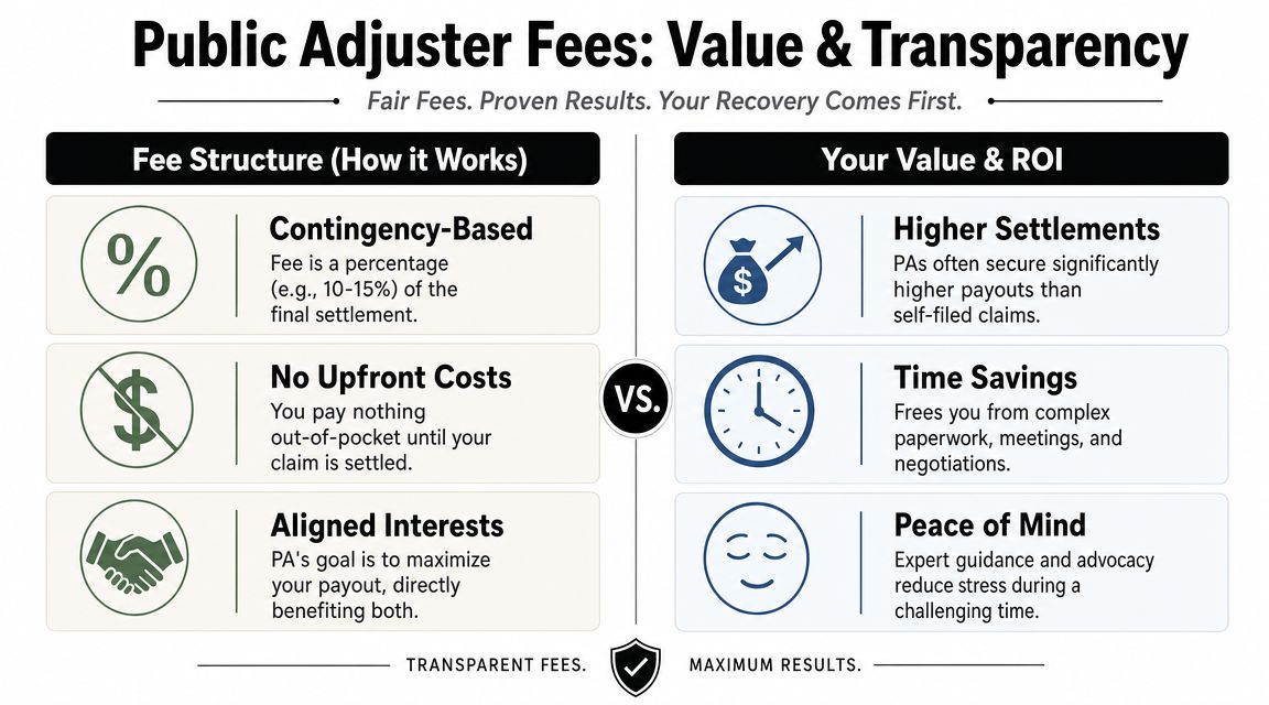An infographic comparing the contingency-based fee structure of public adjusters against the value and ROI provided.