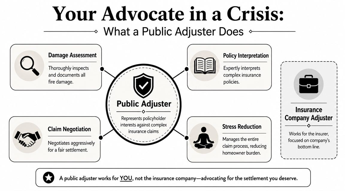 An infographic explaining the role of a public adjuster in representing policyholders during insurance claims.
