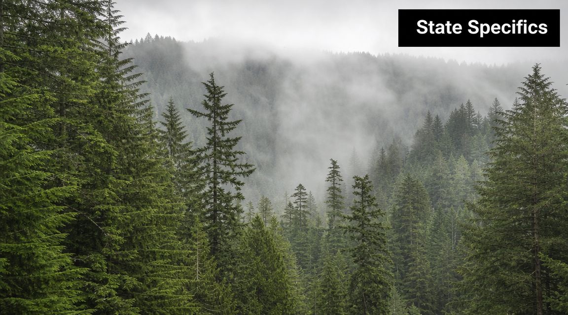 A dense coniferous forest shrouded in mist and fog under a cloudy, overcast sky.
