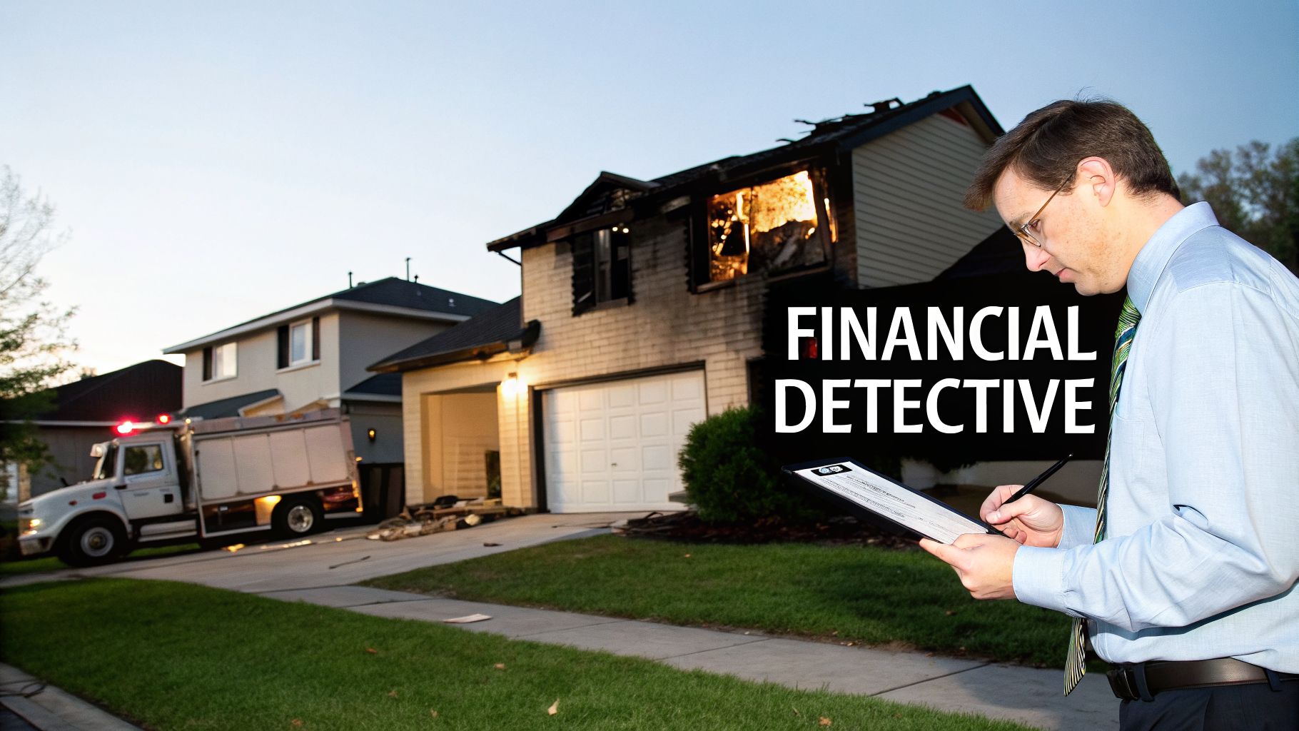 A financial detective investigates a house damaged by fire, with a fire truck on the street.