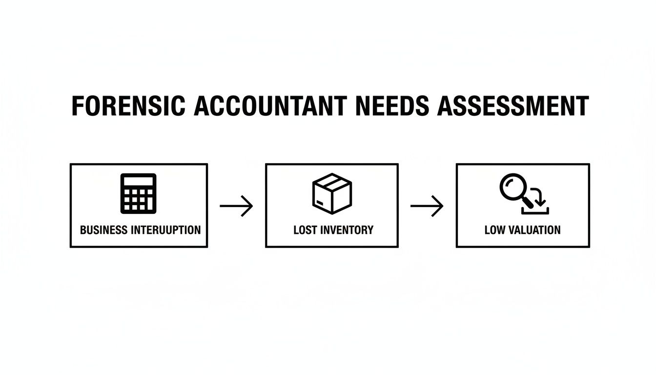 A forensic accountant needs assessment flowchart showing business interruption, lost inventory, and low valuation.