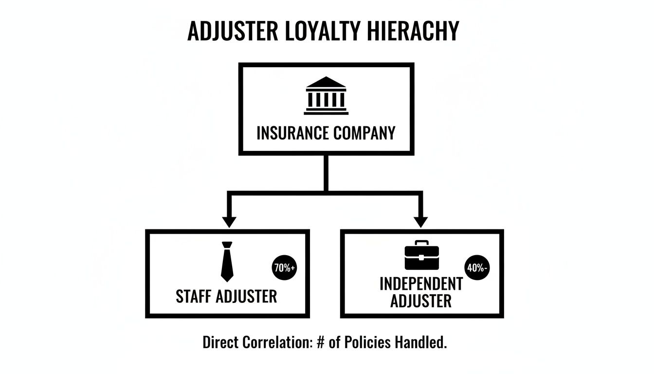 Hierarchy diagram depicting adjuster loyalty to an insurance company, comparing staff and independent adjusters.