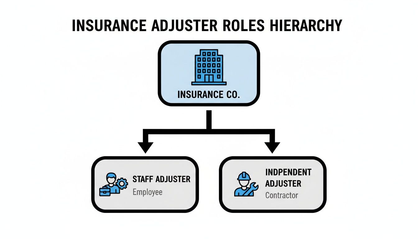Hierarchy of insurance adjuster roles, showing Staff Adjuster (Employee) and Independent Adjuster (Contractor).