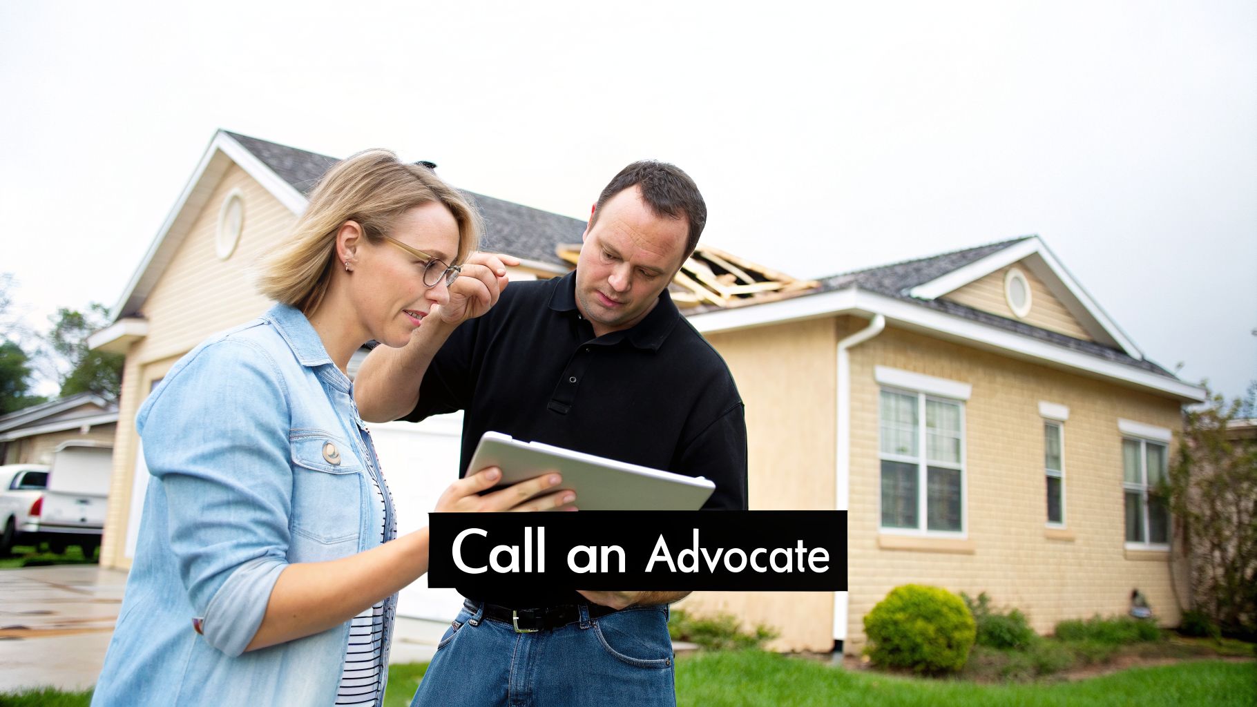 A man and a woman examine a tablet in front of a house with storm-damaged roof. Text: Call an Advocate.