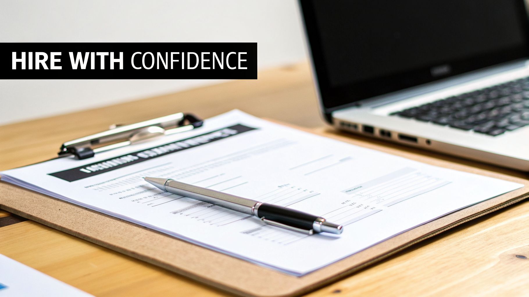 A desk with a clipboard, documents, pen, and laptop, with text 'HIRE WITH CONFIDENCE'.