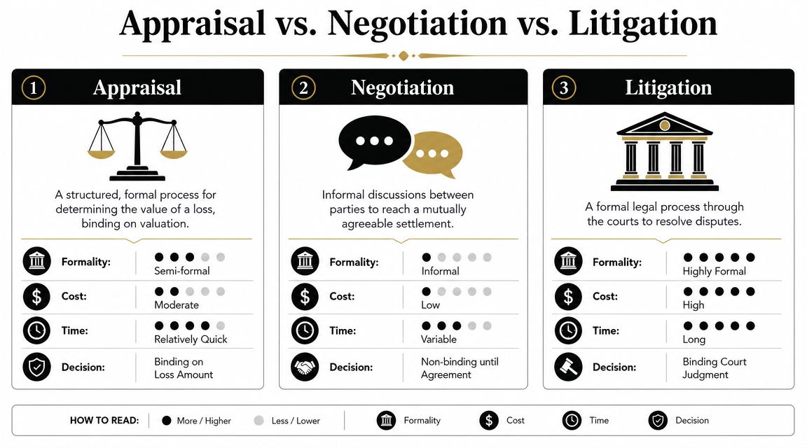 A comparison chart explaining the differences between insurance appraisal, negotiation, and litigation processes for resolving disputes.