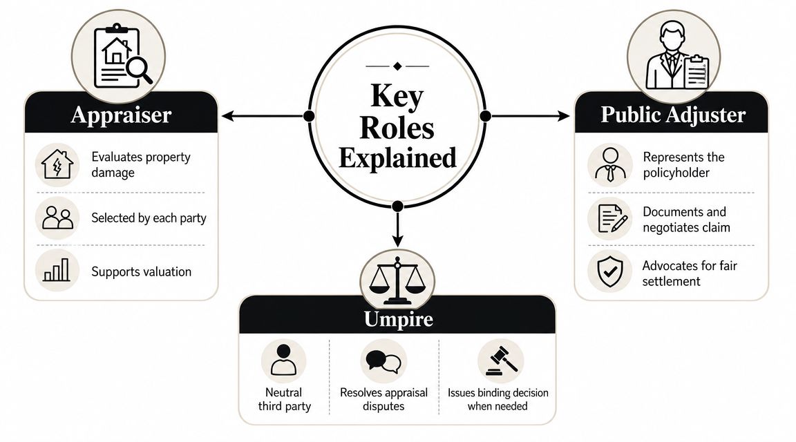 An infographic explaining the roles of an appraiser, public adjuster, and umpire in insurance property claims.