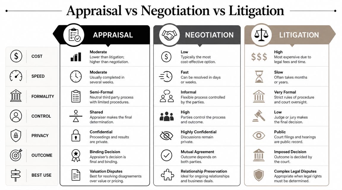 A comparison chart outlining the cost, speed, formality, control, privacy, outcome, and usage of appraisal, negotiation, and litigation.