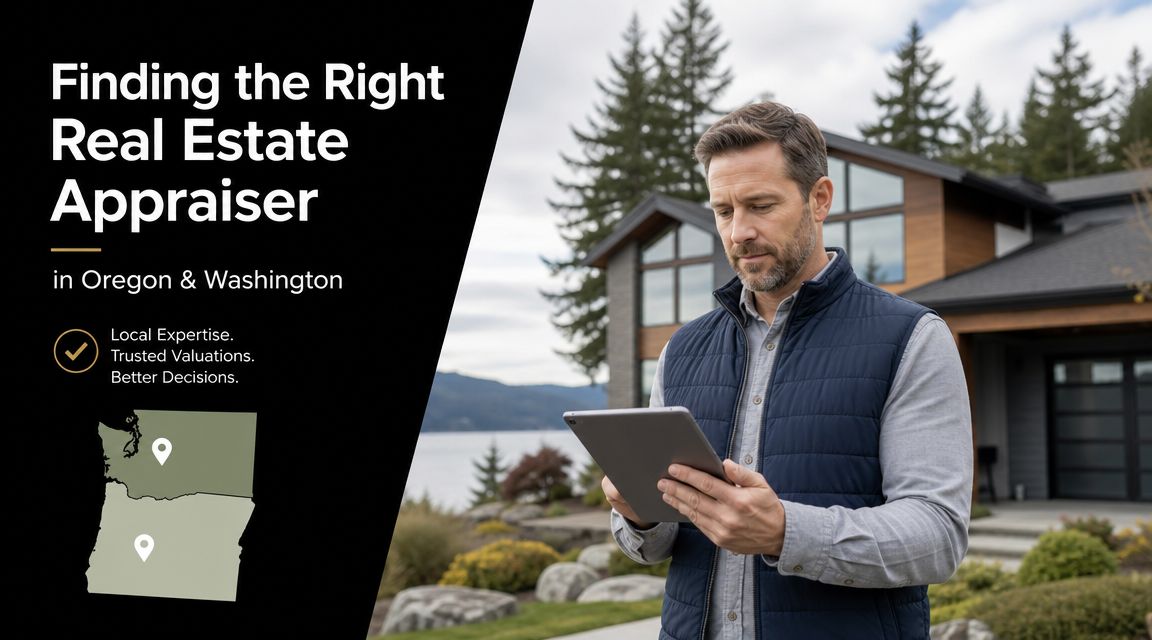 A professional male real estate appraiser using a digital tablet in front of a modern house.