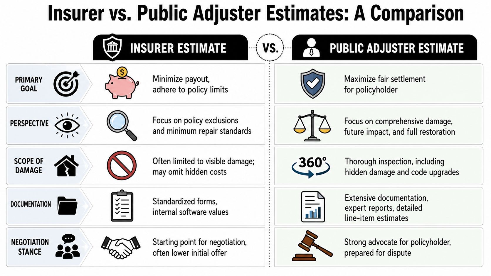 A comparison chart outlining key differences between insurer estimates and public adjuster estimates for property insurance claims.
