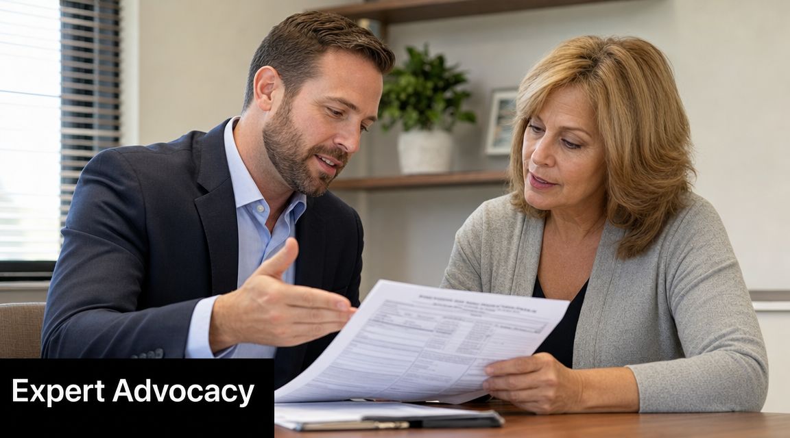 A professional financial advisor discusses an insurance claim estimate document with a client in an office.