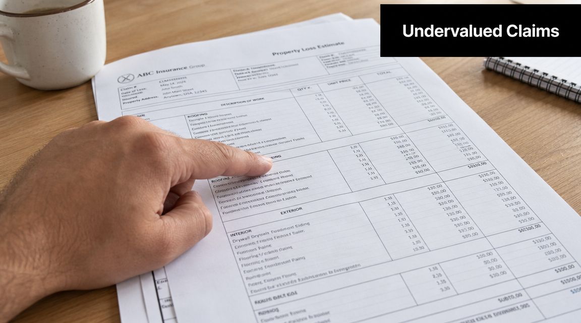 A hand pointing to a property loss estimate document sitting on a wooden desk next to coffee.