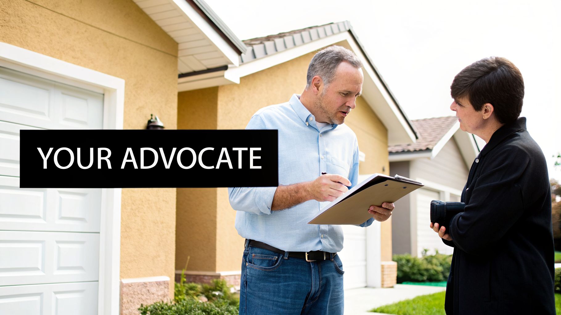 A man with a clipboard talks to a woman outside a house, with 'YOUR ADVOCATE' text.
