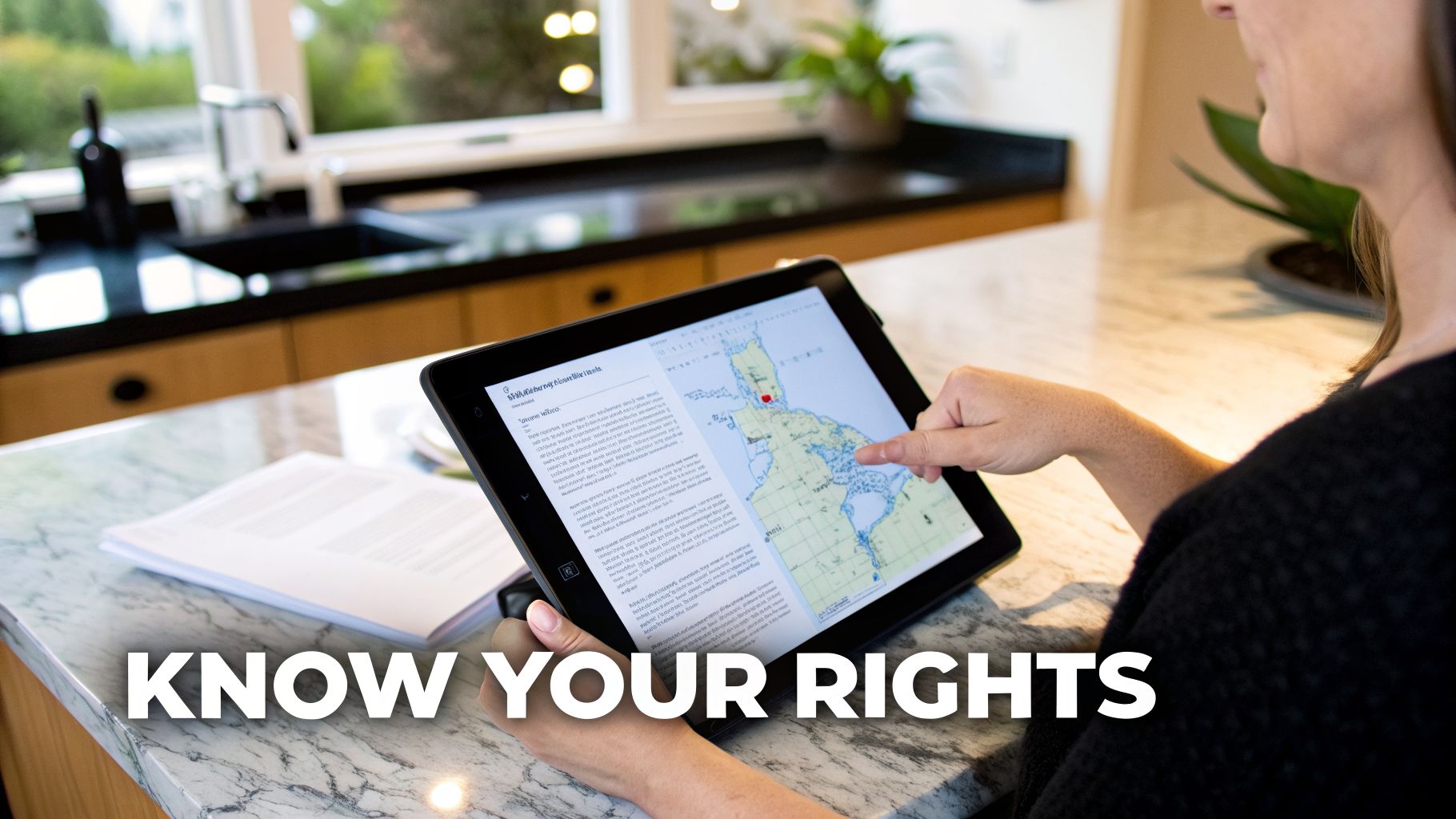A woman touches a tablet displaying a map and legal text, with 'KNOW YOUR RIGHTS' text overlaid.
