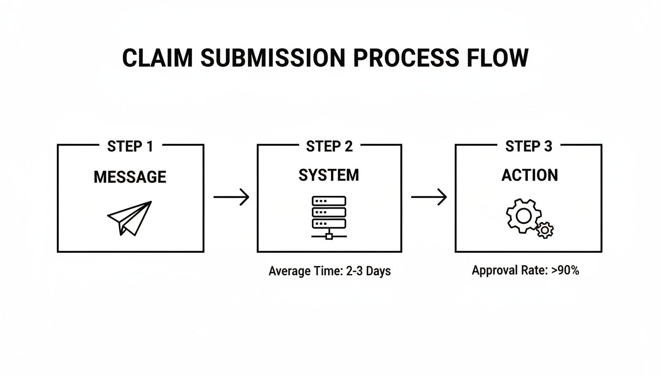 A clear process flow diagram illustrates an insurance claim submission, from message to system action, detailing average time and approval rates.