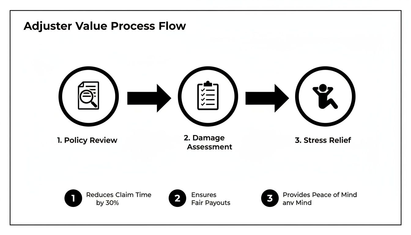 A process flow diagram showing an adjuster's value from policy review to stress relief.