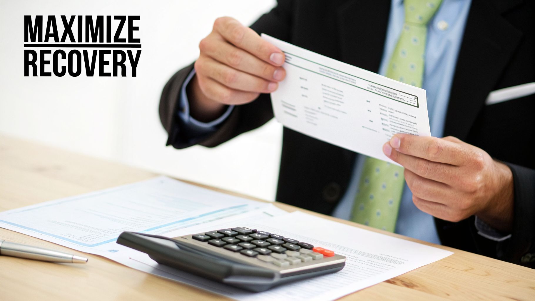 A professional reviewing financial paperwork with a calculator, emphasizing maximizing recovery.